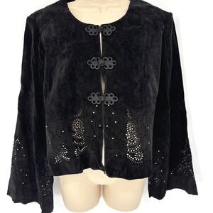 Spiegel Black Suede Leather Laser Cut Perforated Frog Closure Jacket Sz 14